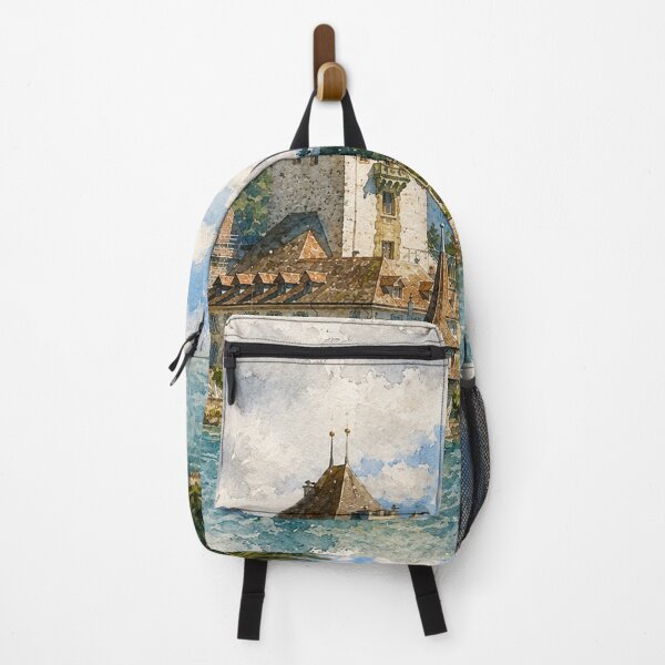 Item preview, Watercolor Swiss Castle on Mountain Lake designed and sold by SlavaArt.