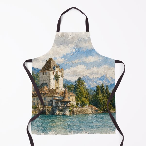 Item preview, Watercolor Swiss Castle on Mountain Lake designed and sold by SlavaArt.