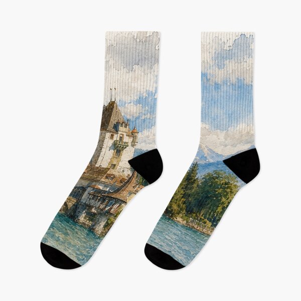 Item preview, Watercolor Swiss Castle on Mountain Lake designed and sold by SlavaArt.