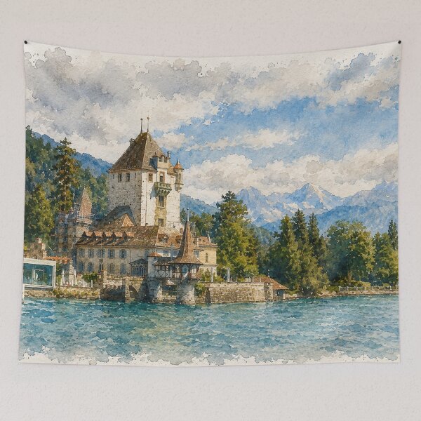 Item preview, Watercolor Swiss Castle on Mountain Lake designed and sold by SlavaArt.