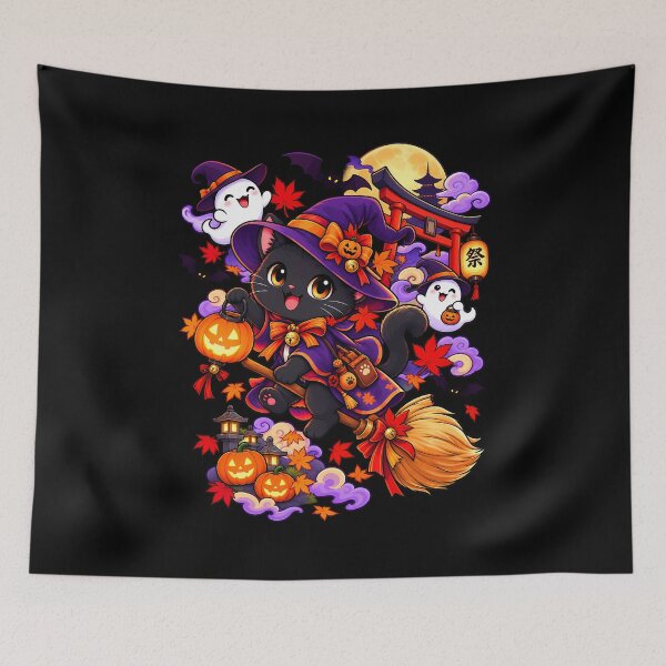 Item preview, Cute Black Cat Witch Japanese Halloween Ghost Night designed and sold by Tong4130.