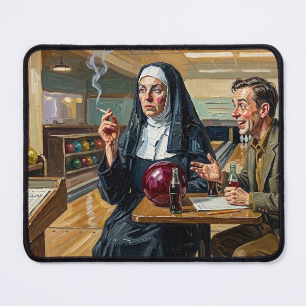 Item preview, Smoking Nun Bowling Date - Retro Vintage Oil Painting Fine Art designed and sold by Silly Goose Party.