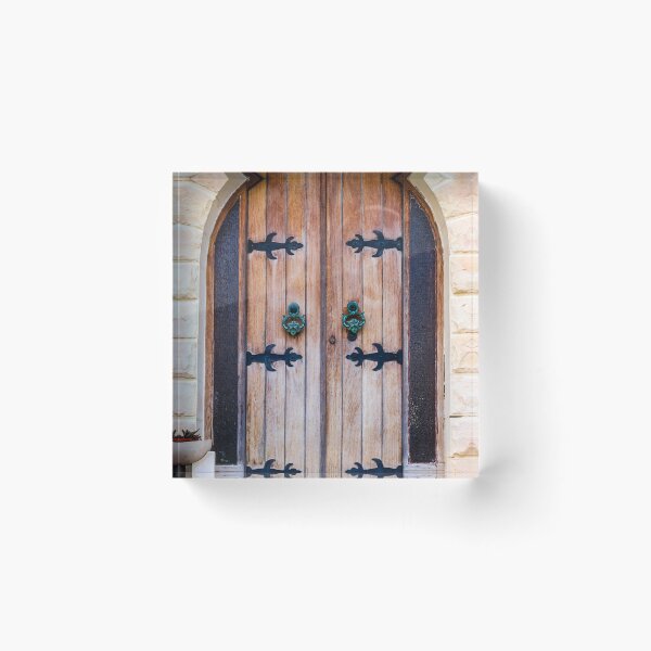 Item preview, Warm Rustic Wooden Arch Door With Black Iron Hinges And Green Door Knocker designed and sold by Nmallia.