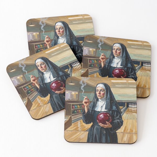 Item preview, Smoking Nun Bowling - Vintage Impasto Oil Painting Art designed and sold by Silly Goose Party.