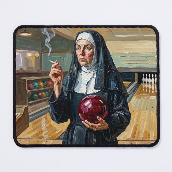 Item preview, Smoking Nun Bowling - Vintage Impasto Oil Painting Art designed and sold by Silly Goose Party.