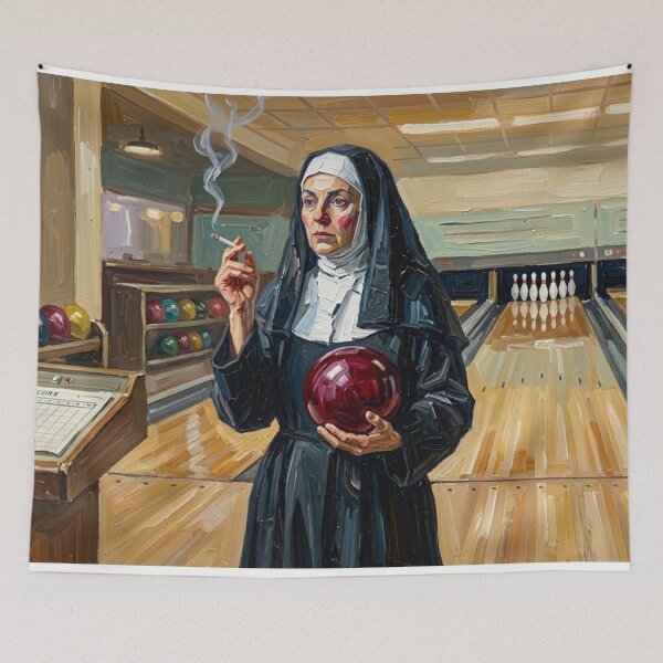 Item preview, Smoking Nun Bowling - Vintage Impasto Oil Painting Art designed and sold by Silly Goose Party.