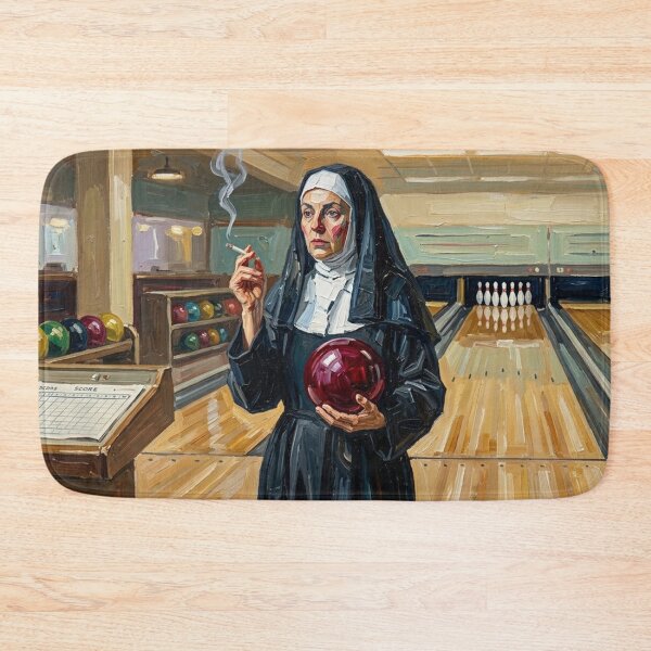 Item preview, Smoking Nun Bowling - Vintage Impasto Oil Painting Art designed and sold by Silly Goose Party.