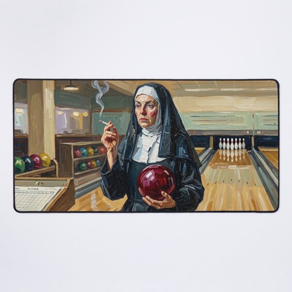Item preview, Smoking Nun Bowling - Vintage Impasto Oil Painting Art designed and sold by Silly Goose Party.