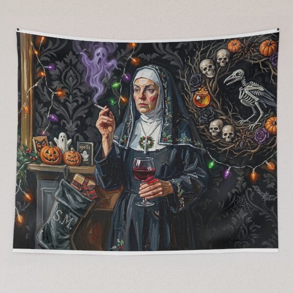 Item preview, Smoking Nun Halloween Spooky Night - Gothic Oil Painting Art designed and sold by Silly Goose Party.