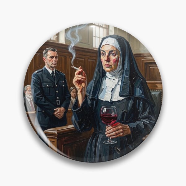 Item preview, Smoking Nun in Courtroom - Rebellious Trial Oil Painting Art designed and sold by Silly Goose Party.