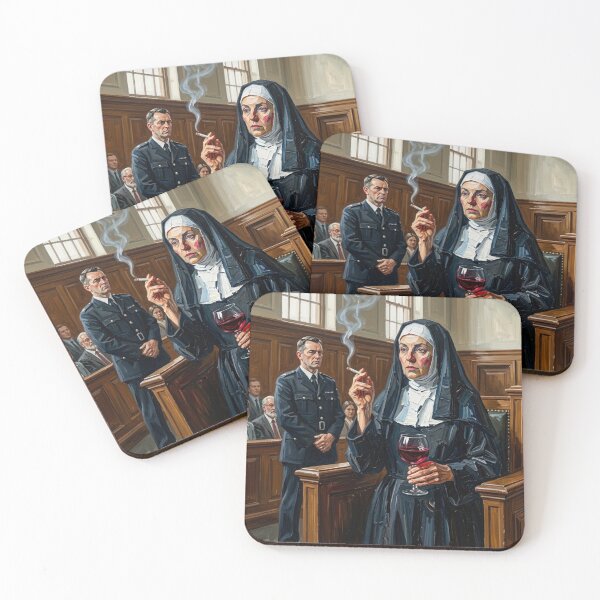 Item preview, Smoking Nun in Courtroom - Rebellious Trial Oil Painting Art designed and sold by Silly Goose Party.