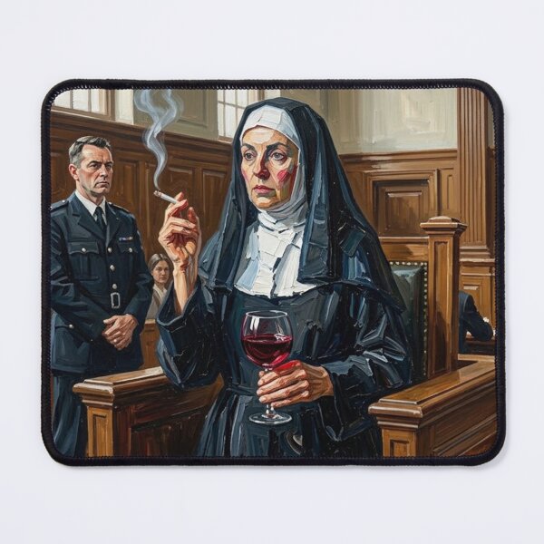 Item preview, Smoking Nun in Courtroom - Rebellious Trial Oil Painting Art designed and sold by Silly Goose Party.