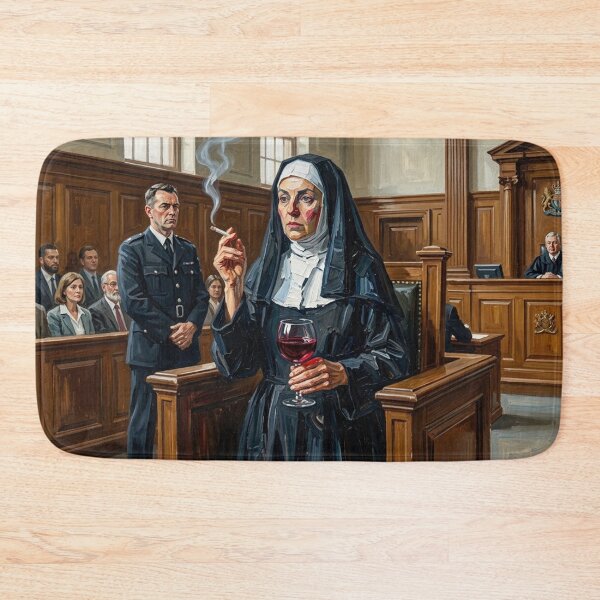 Item preview, Smoking Nun in Courtroom - Rebellious Trial Oil Painting Art designed and sold by Silly Goose Party.