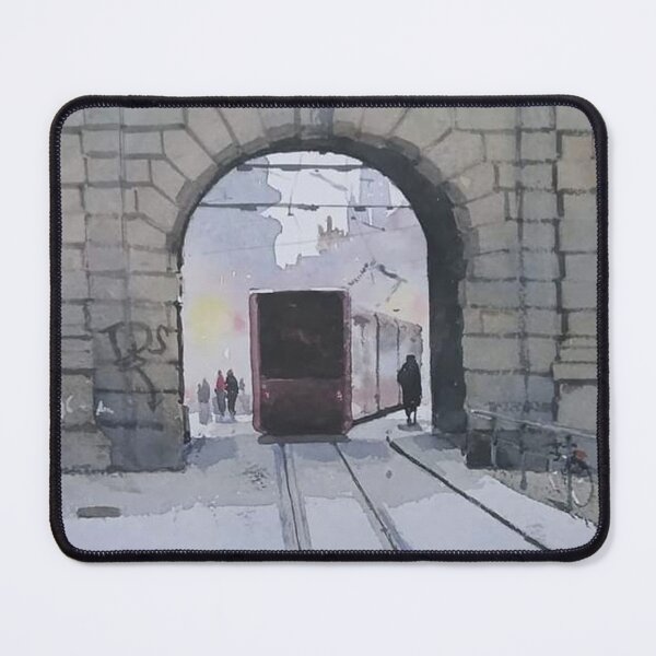 Item preview, Watercolor Tram Passing Through Ancient Stone Archway designed and sold by SlavaArt.