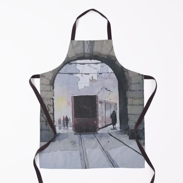 Item preview, Watercolor Tram Passing Through Ancient Stone Archway designed and sold by SlavaArt.