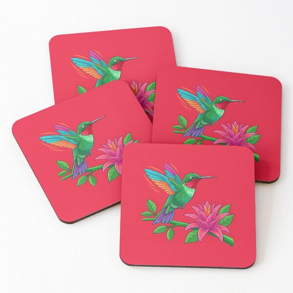Item preview, Green Hummingbird and Pink Flowers on Red designed and sold by Lasofficial.