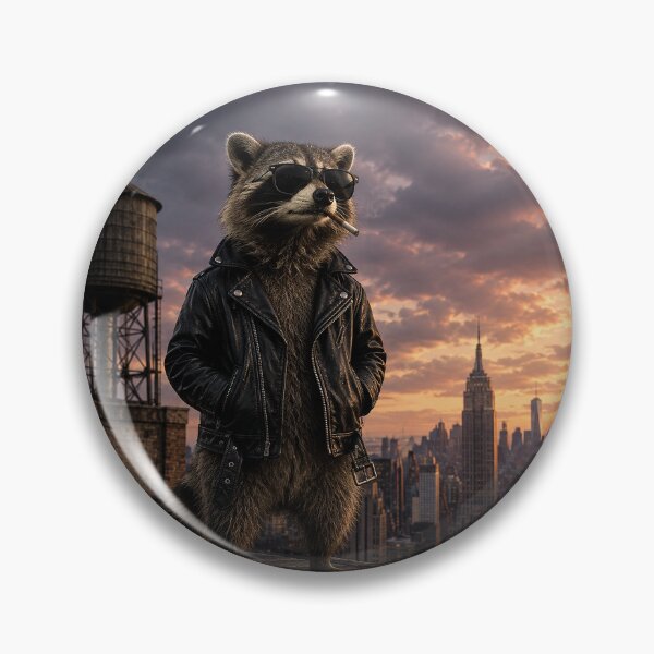 Item preview, Cool Raccoon Leather Jacket Rooftop - Skyline Art designed and sold by Silly Goose Party.