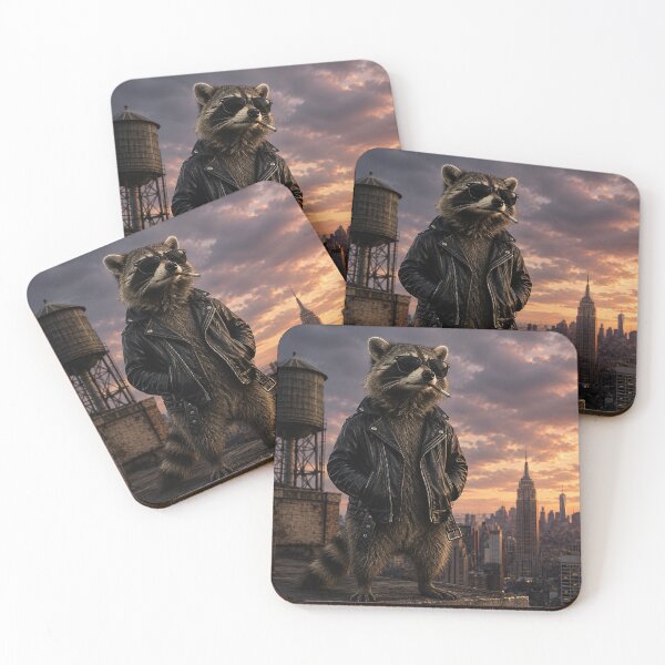 Item preview, Cool Raccoon Leather Jacket Rooftop - Skyline Art designed and sold by Silly Goose Party.