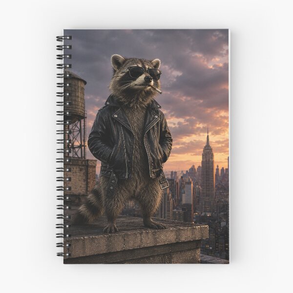 Item preview, Cool Raccoon Leather Jacket Rooftop - Skyline Art designed and sold by Silly Goose Party.