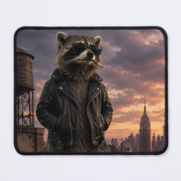 Item preview, Cool Raccoon Leather Jacket Rooftop - Skyline Art designed and sold by Silly Goose Party.
