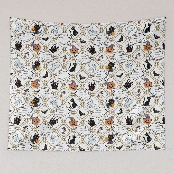 Item preview, Spooky Cute Halloween Ghosts Pumpkins Lattice Seamless Pattern designed and sold by Sasitee.