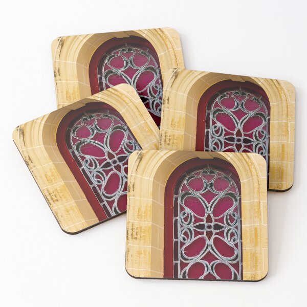 Item preview, Elegant Arched Stained Glass Window With Intricate Ironwork On Warm Stone Facade designed and sold by Nmallia.