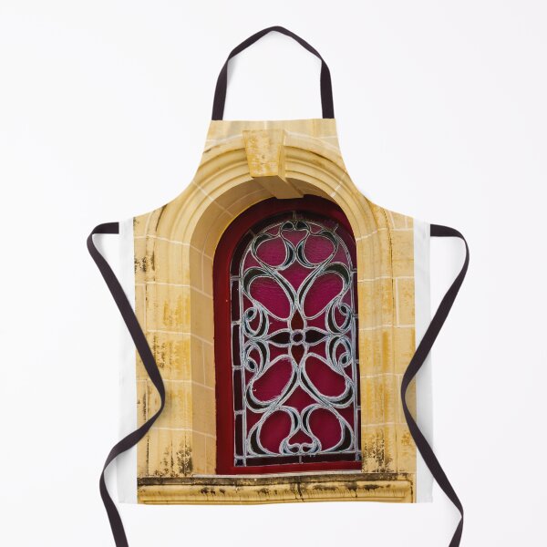 Item preview, Elegant Arched Stained Glass Window With Intricate Ironwork On Warm Stone Facade designed and sold by Nmallia.