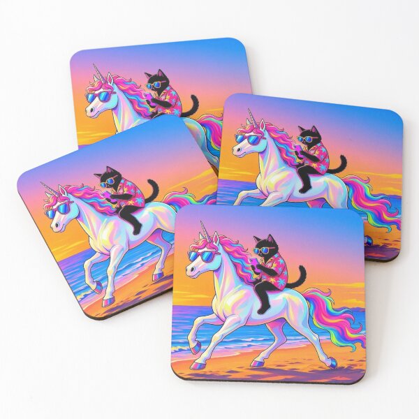 Item preview, Cool Cat Riding Unicorn – Sunset Beach Fantasy Illustration designed and sold by Dogandesighn.