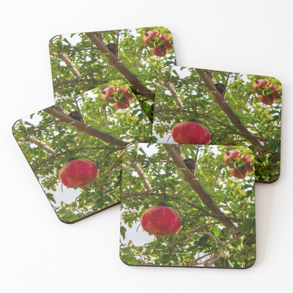Item preview, Vibrant Red Pomegranate Hanging From Lush Green Tree Branches in a Sunlit Orchard designed and sold by Nmallia.