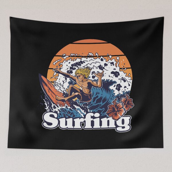 Item preview, Retro Surfing Sunset Ocean Waves Hibiscus Surfer designed and sold by heedooppod.