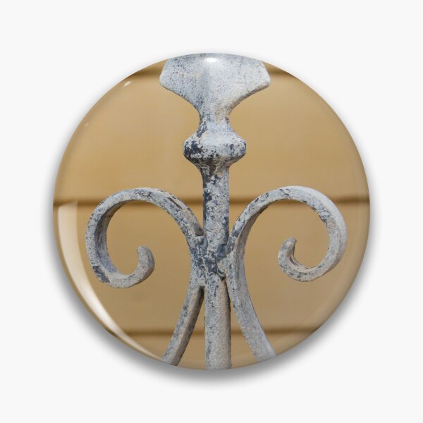 Item preview, Decorative Wrought Iron Fence Finial With Scrollwork And Spear Tops Against Yellow Wall designed and sold by Nmallia.