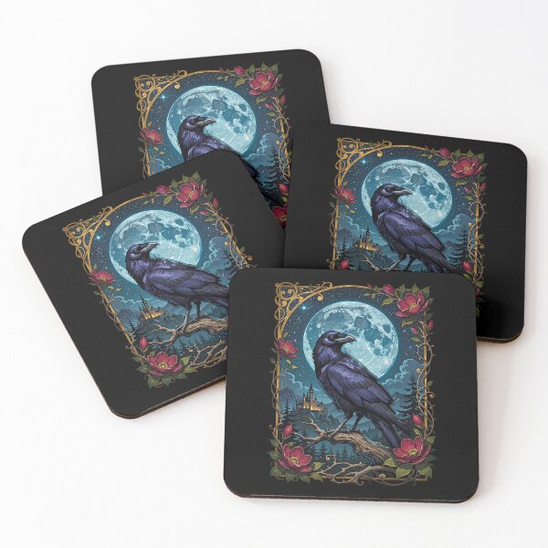 Item preview, Black Raven Under Full Moon Gothic Botanical Artwork designed and sold by BorgSpareParts.