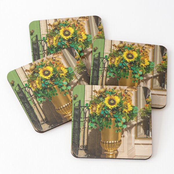 Item preview, Golden Urn Planter With Sunflower Bouquet And Autumn Foliage At Storefront Entrance Decorative Garden Display designed and sold by Nmallia.
