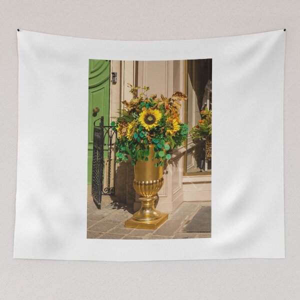 Item preview, Golden Urn Planter With Sunflower Bouquet And Autumn Foliage At Storefront Entrance Decorative Garden Display designed and sold by Nmallia.