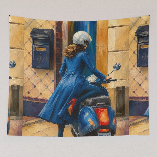 Item preview, Blue Scooter Street Scene, Impressionist Painting designed and sold by CARRAANN.