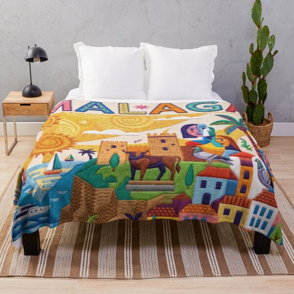 Item preview, Malaga Spain Embroidered Travel Art - Alcazaba & Costa del Sol Stitched Poster designed and sold by Witsprings.
