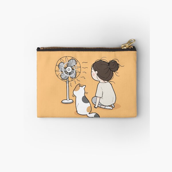 Item preview, Girl And Calico Cat Sitting In Front Of Electric Fan Hot Summer Day Graphic Art designed and sold by The Upside Down.