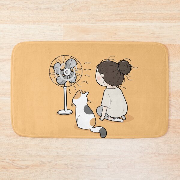 Item preview, Girl And Calico Cat Sitting In Front Of Electric Fan Hot Summer Day Graphic Art designed and sold by The Upside Down.