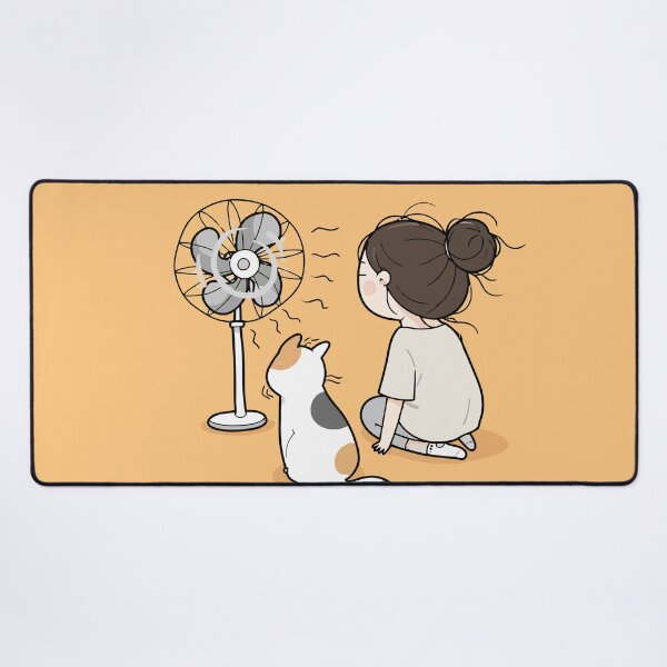 Item preview, Girl And Calico Cat Sitting In Front Of Electric Fan Hot Summer Day Graphic Art designed and sold by The Upside Down.