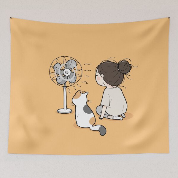 Item preview, Girl And Calico Cat Sitting In Front Of Electric Fan Hot Summer Day Graphic Art designed and sold by The Upside Down.