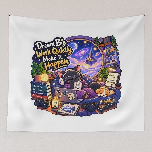 Item preview, Dream Big Work Quietly Cosmic Cat Sticker designed and sold by GenZStickerHub1.