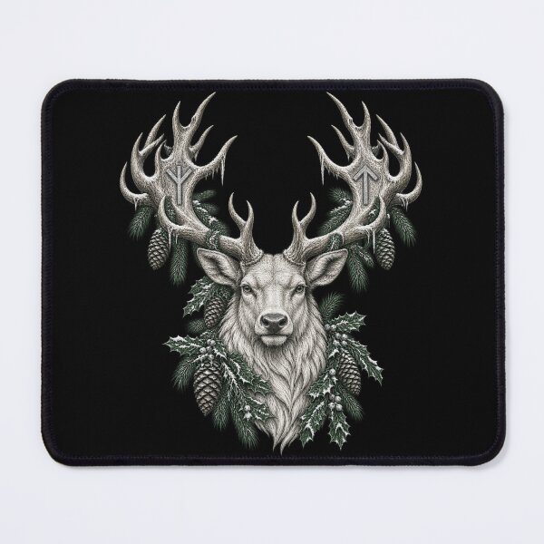 Item preview, The Runestone Stag – Eikthyrnir Crowned in Frosted Nordic Runes designed and sold by Anyshca.