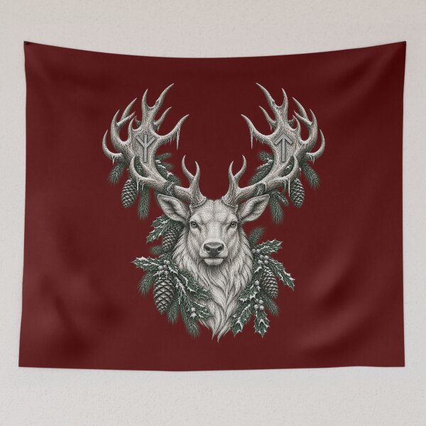 Item preview, The Runestone Stag – Eikthyrnir Crowned in Frosted Nordic Runes designed and sold by Anyshca.