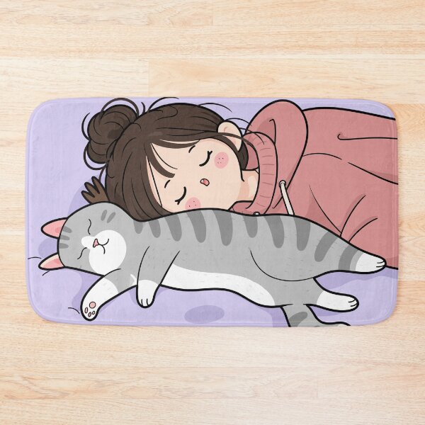 Item preview, Lazy Sunday Cozy Sleeping Girl And Grey Tabby Cat Graphic Art designed and sold by The Upside Down.