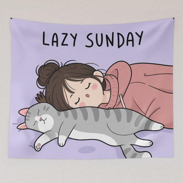Item preview, Lazy Sunday Cozy Sleeping Girl And Grey Tabby Cat Graphic Art designed and sold by The Upside Down.