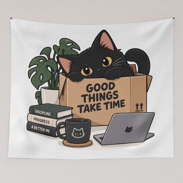 Item preview, Good Things Take Time Black Cat Box Sticker designed and sold by GenZStickerHub1.
