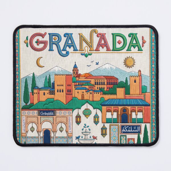 Item preview, Granada Spain Embroidered Travel Art - Alhambra Palace & Sierra Nevada Stitched Artwork designed and sold by Witsprings.