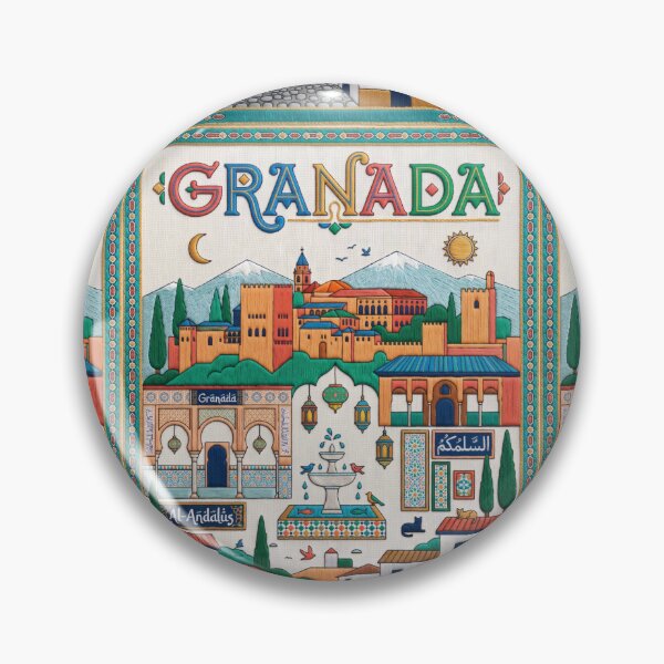 Item preview, Granada Spain Embroidered Travel Art - Alhambra Palace & Sierra Nevada Stitched Artwork designed and sold by Witsprings.