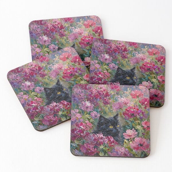 Item preview, Black Cat Hidden in Pink Blooms Oil Painting designed and sold by Jozefin's Studio.
