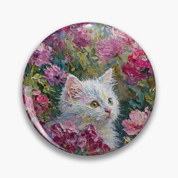 Item preview, White Kitten Peeking Through Pink Blooms Oil Painting designed and sold by Jozefin's Studio.